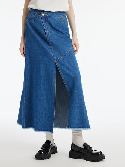 Denim Asimetrik Yırtmaçlı Kadın Etek