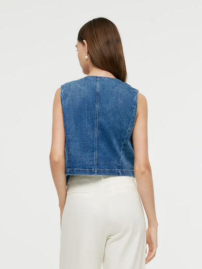 Tek Göğüslü Kadın Denim Crop Yelek