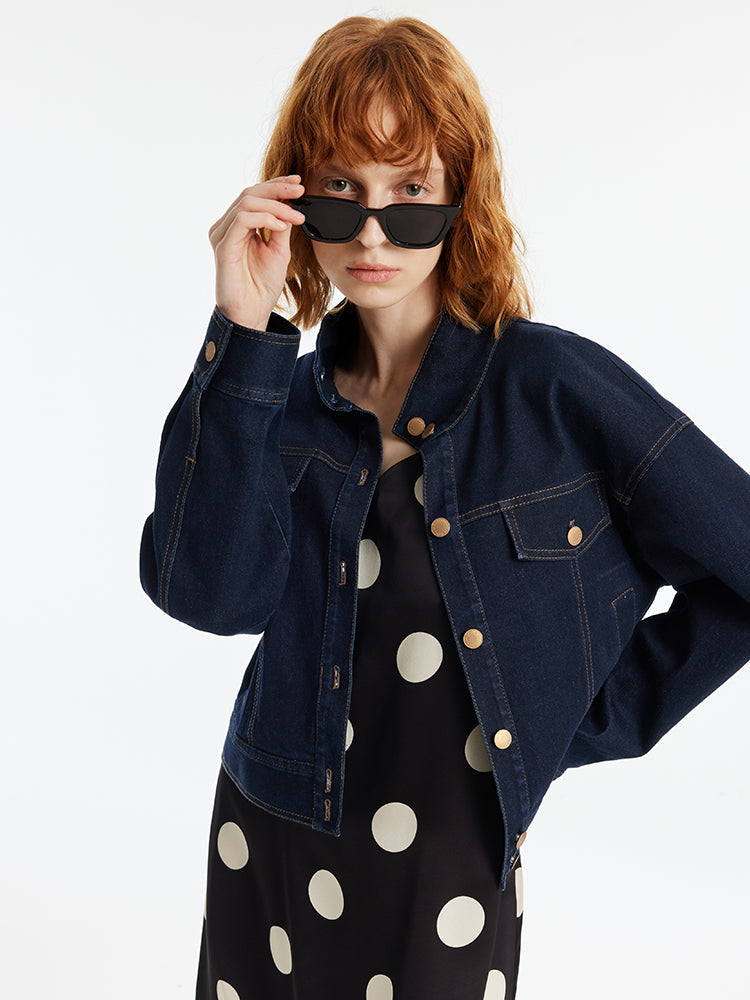 Dik Yaka Denim Kadın Crop Ceket