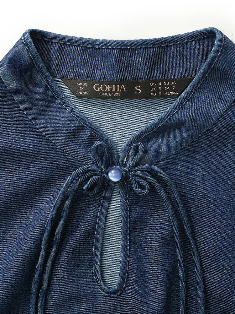 Denim Petal Kollu Kadın Qipao Mini Elbise