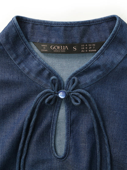 Denim Petal Kollu Kadın Qipao Mini Elbise