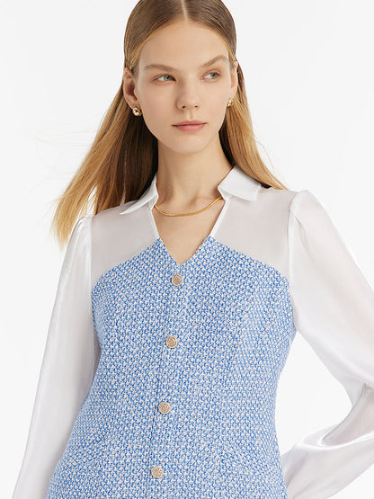 V Yaka Patchwork Tek Göğüslü Kadın Mini Elbise