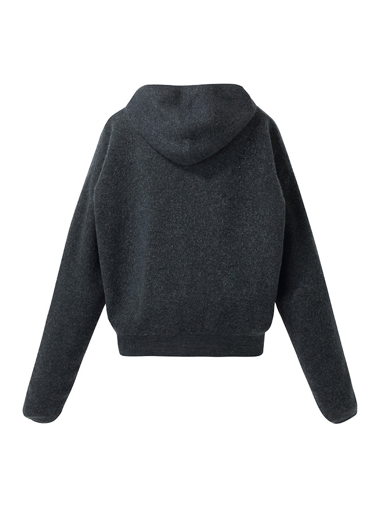 %100 Fırçalanmış Yün Fermuarlı Unisex Kapüşonlu Üst