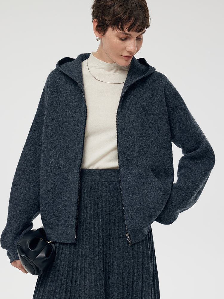 %100 Fırçalanmış Yün Fermuarlı Unisex Kapüşonlu Üst