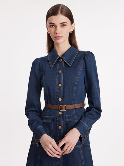 Tek Sıra Düğmeli Kemerli Kadın Midi Denim Elbise