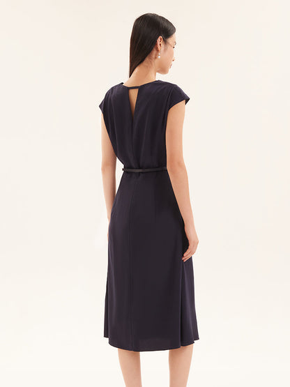 Lacivert V Yaka Tencel Midi Elbise