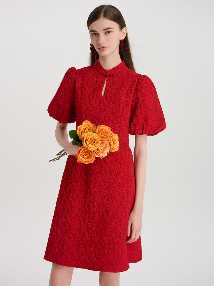 Çiçekli Jakarlı Mandarin Yakalı Kadın Mini Qipao Elbise