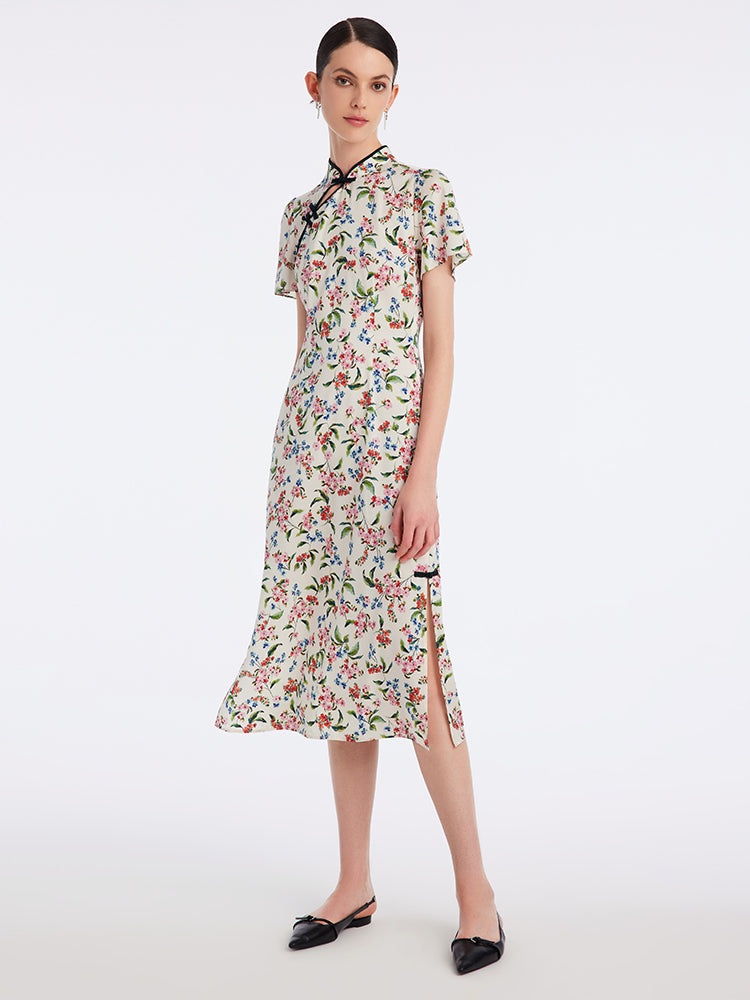 İpek Yırtmaçlı Cheongsam Qipao Midi Elbise