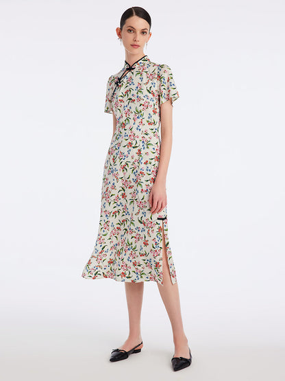 İpek Yırtmaçlı Cheongsam Qipao Midi Elbise