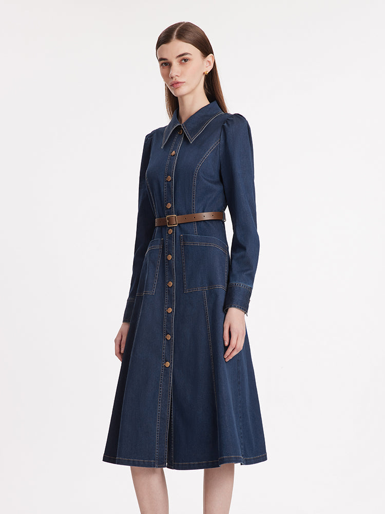 Tek Sıra Düğmeli Kemerli Kadın Midi Denim Elbise