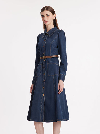 Tek Sıra Düğmeli Kemerli Kadın Midi Denim Elbise