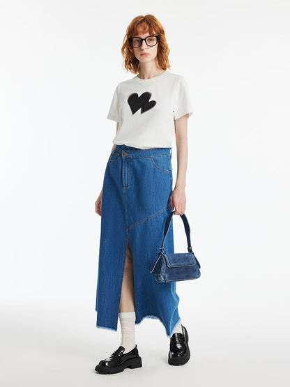 Denim Asimetrik Yırtmaçlı Kadın Etek