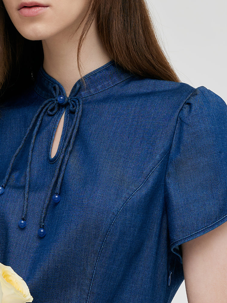 Denim Petal Kollu Kadın Qipao Mini Elbise