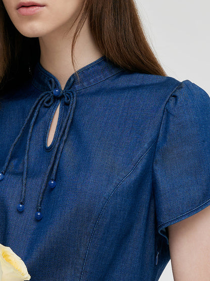 Denim Petal Kollu Kadın Qipao Mini Elbise