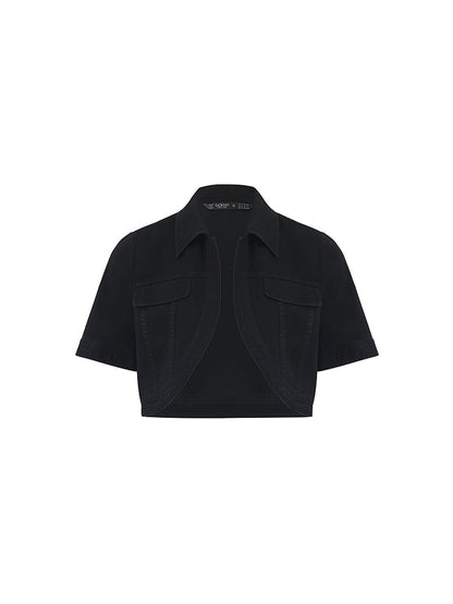 Denim Crop Ceket Ve İris Desenli Spagetti Askılı Midi Elbise İki Parçalı Set