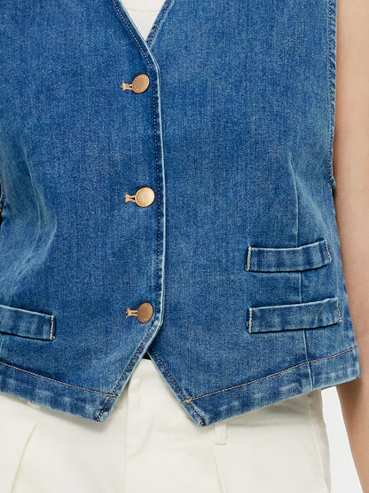Tek Göğüslü Kadın Denim Crop Yelek