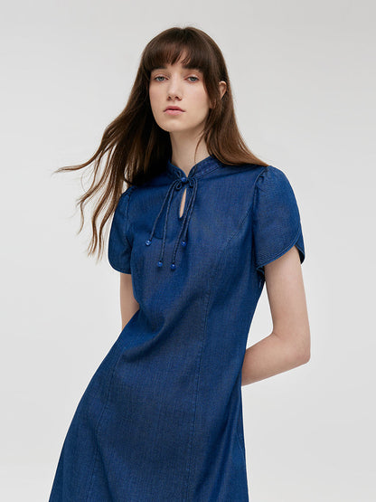 Denim Petal Kollu Kadın Qipao Mini Elbise