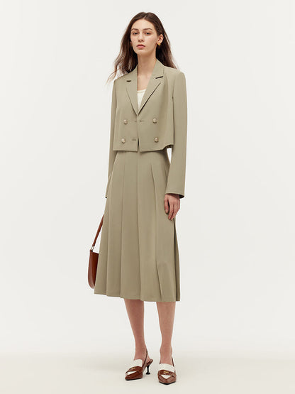 Crop Blazer Ve Kaşkorse Ve Piliseli Midi Etek Üçlü Takım