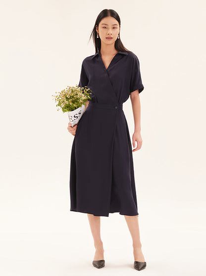 Tencel Asimetrik Tek Düğme Midi Elbise