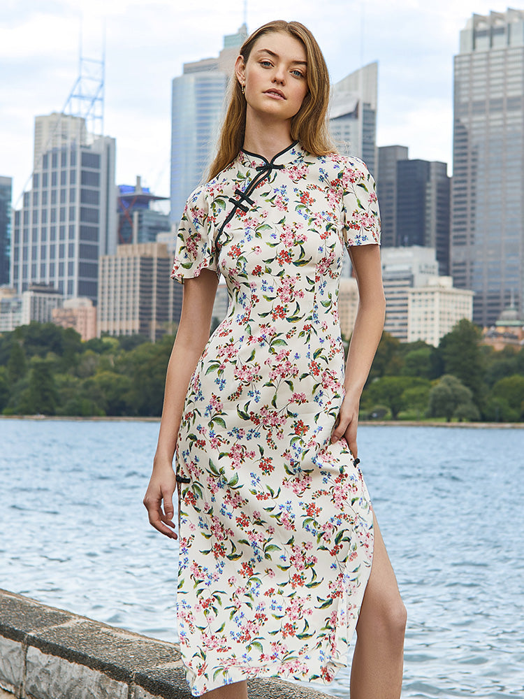 İpek Yırtmaçlı Cheongsam Qipao Midi Elbise