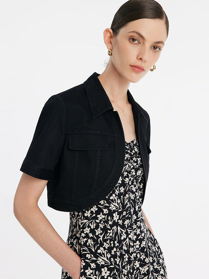 Denim Crop Ceket Ve İris Desenli Spagetti Askılı Midi Elbise İki Parçalı Set