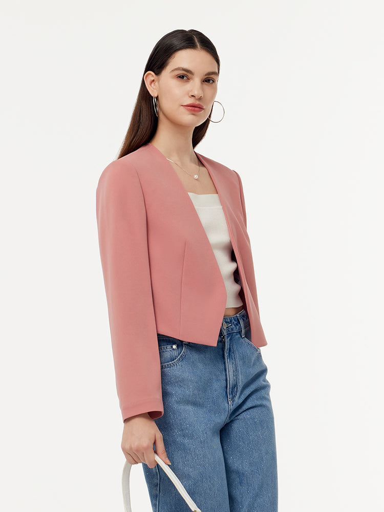 Asetat Yakasız Kadın Crop Blazer