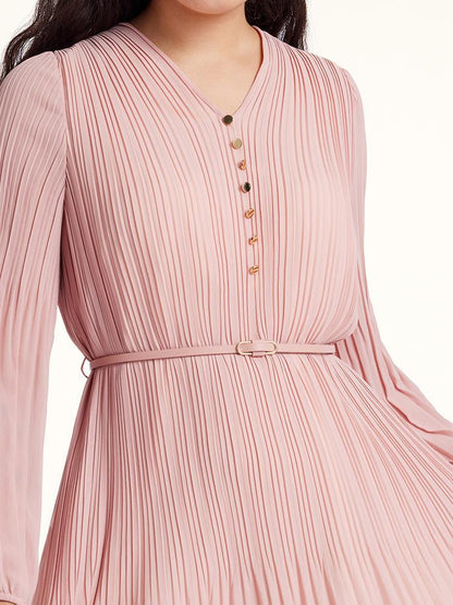 Pembe Dantelli Kemerli Midi Elbise