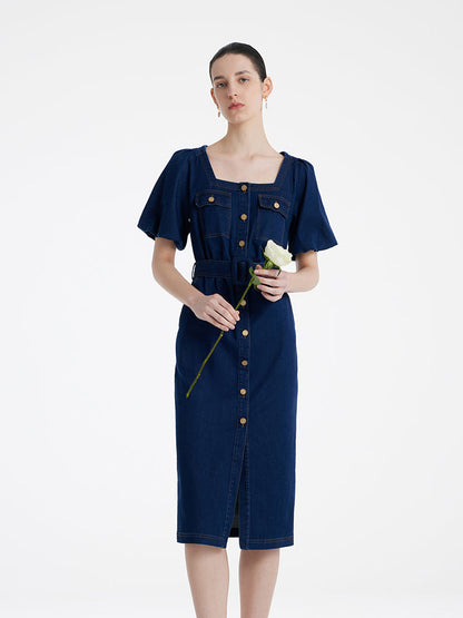 Puf Kollu Kare Yaka Denim Kadın Kemerli Midi Elbise