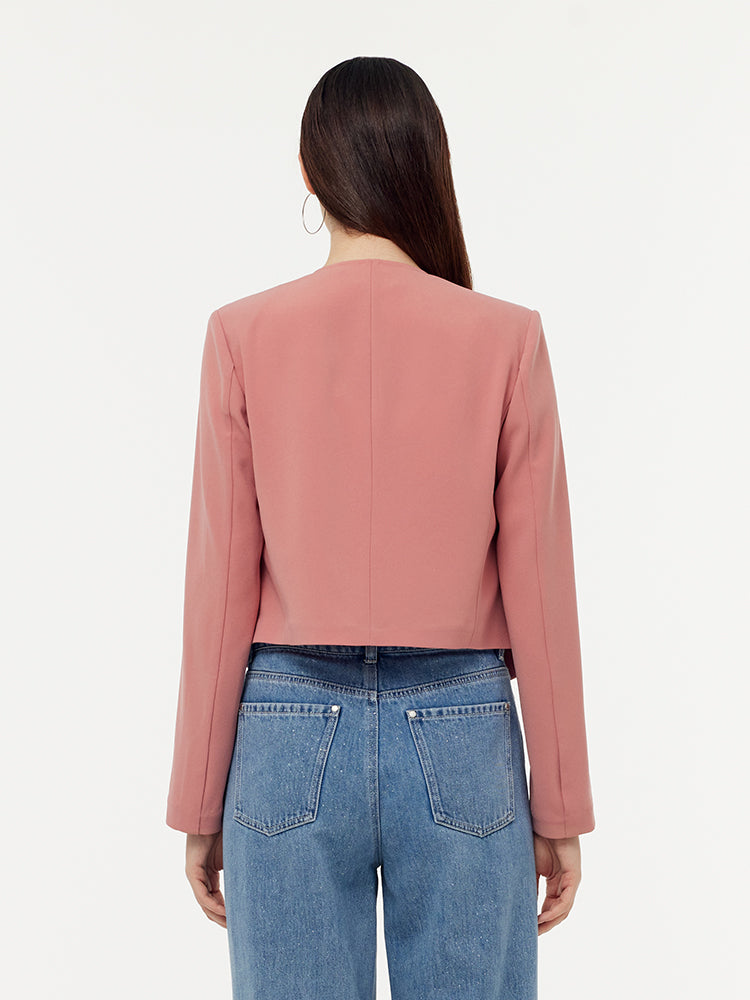 Asetat Yakasız Kadın Crop Blazer