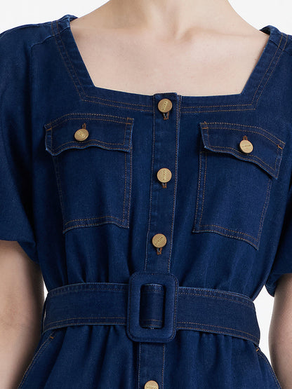Puf Kollu Kare Yaka Denim Kadın Kemerli Midi Elbise
