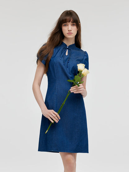 Denim Petal Kollu Kadın Qipao Mini Elbise