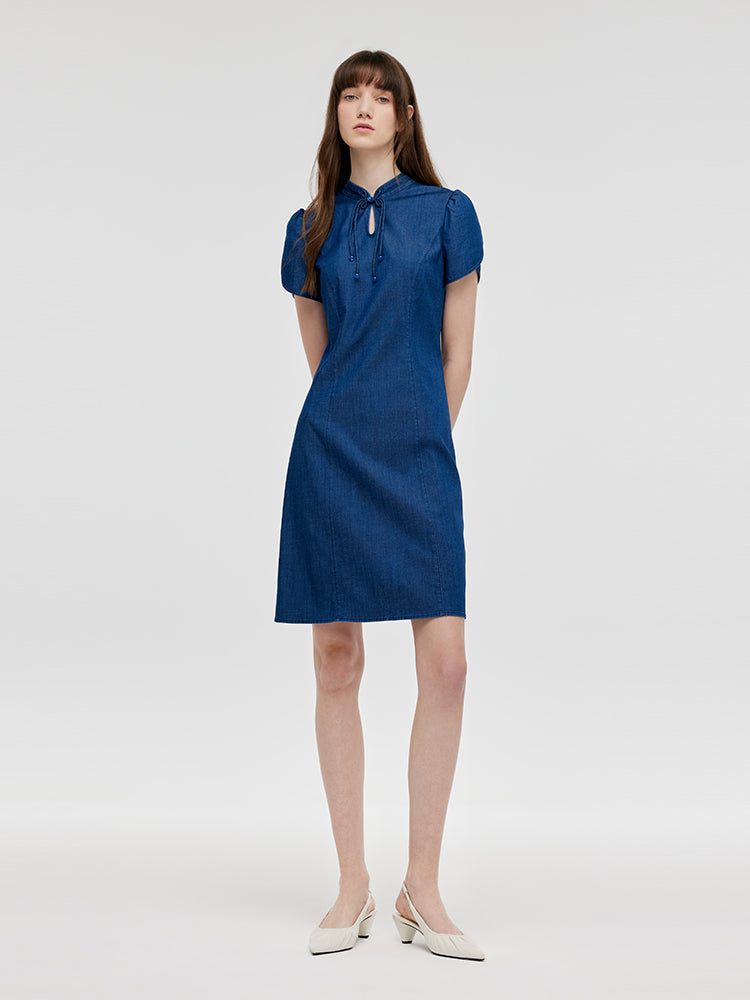 Denim Petal Kollu Kadın Qipao Mini Elbise