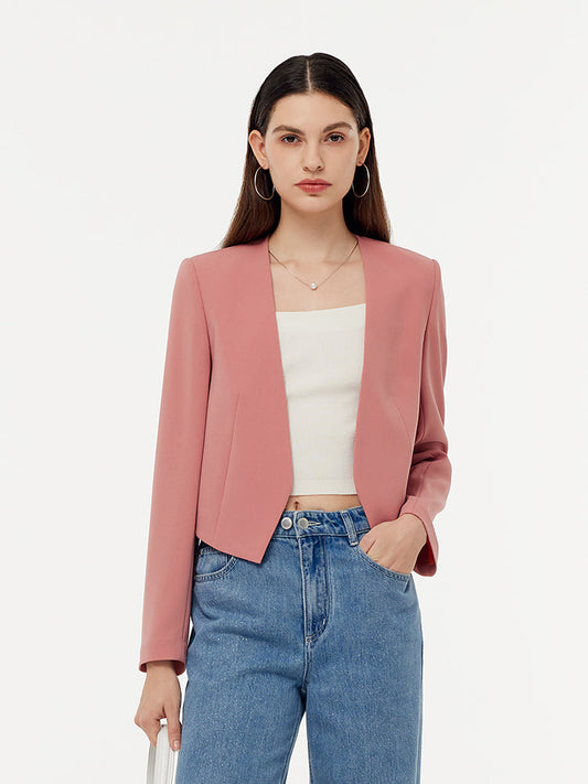 Asetat Yakasız Kadın Crop Blazer