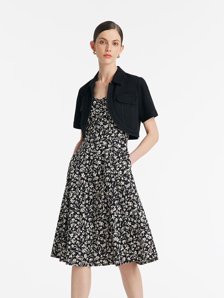 Denim Crop Ceket Ve İris Desenli Spagetti Askılı Midi Elbise İki Parçalı Set