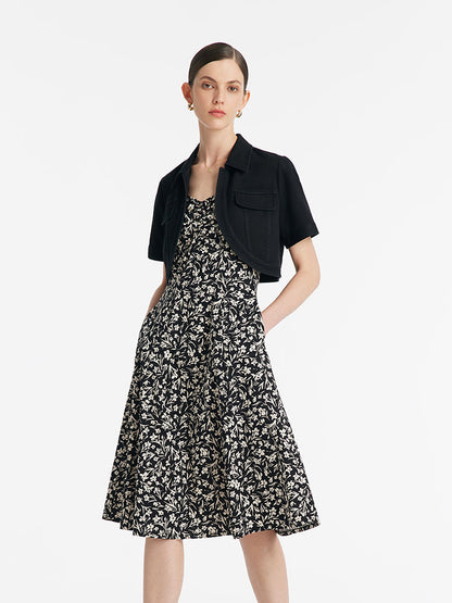 Denim Crop Ceket Ve İris Desenli Spagetti Askılı Midi Elbise İki Parçalı Set