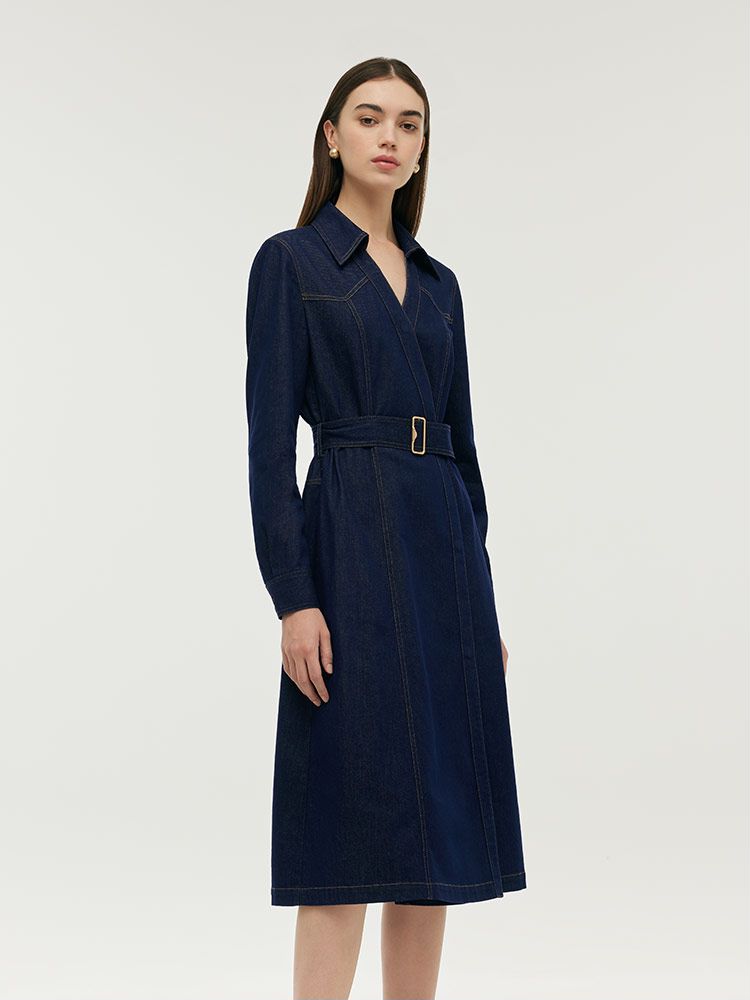 Denim Yaka Kadın Midi Elbise Kemerli