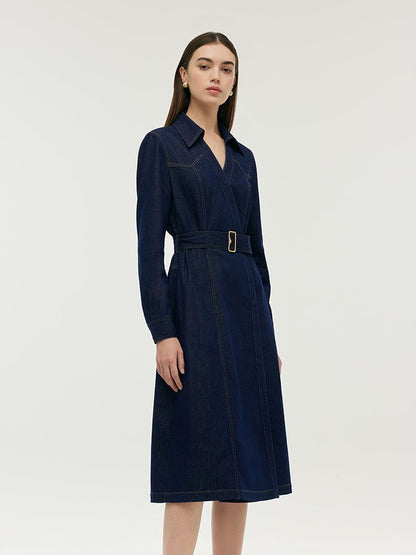 Denim Yaka Kadın Midi Elbise Kemerli