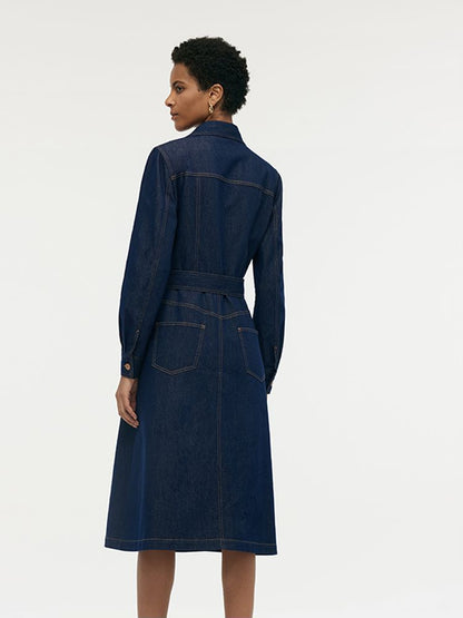 Denim Yaka Kadın Midi Elbise Kemerli