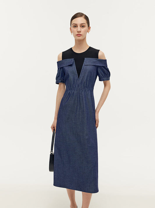 Denim Lyocell Soğuk Omuz Patchwork Kadın Midi Elbise