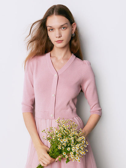 Pembe V Yaka İnce Patchwork Maxi Elbise