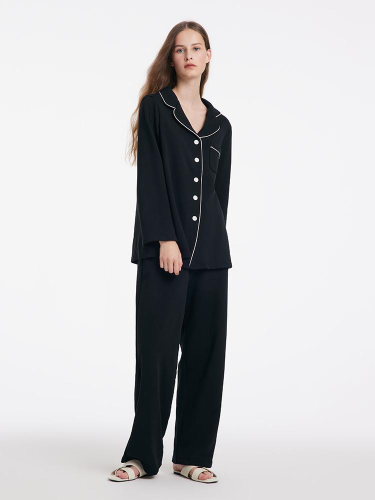 Siyah Uzun Kollu Ve Pantolonlu Yaka Pijama İkili Takım