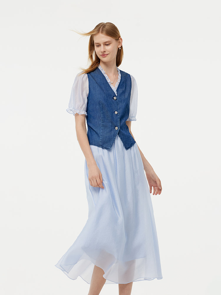 Denim Lyocell Patchwork Crop Ceket Ve Etek İkili Takım