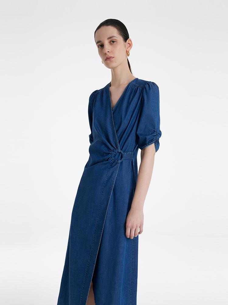 Denim V Yaka Büküm Bel Kadın Midi Elbise