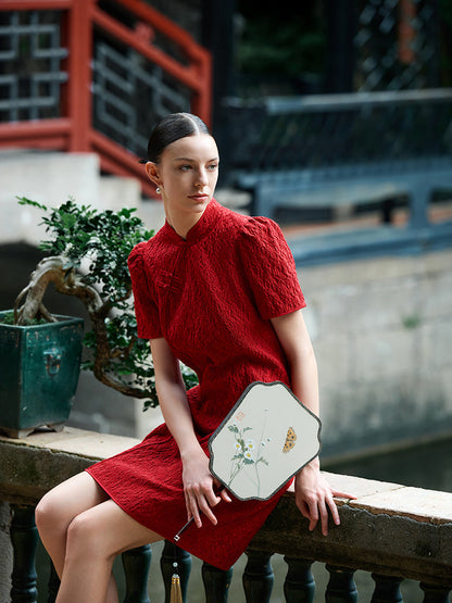 Jakarlı Cheongsam Kadın Qipao Mini Elbise