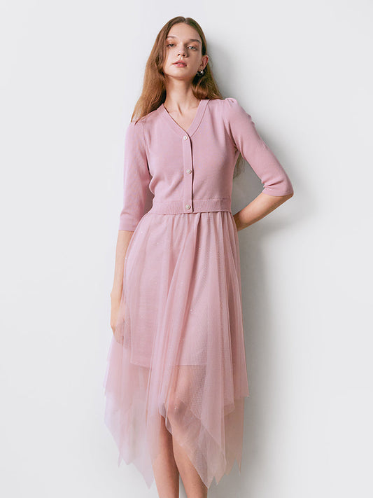 Pembe V Yaka İnce Patchwork Maxi Elbise