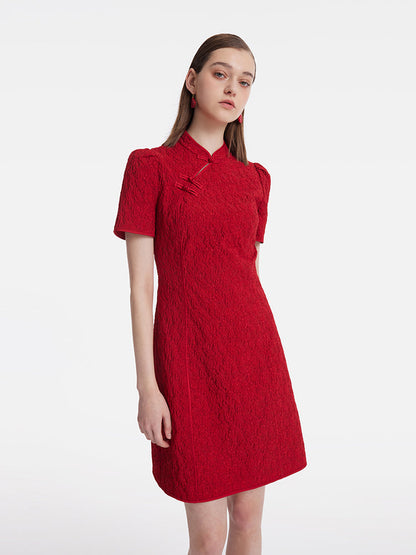 Jakarlı Cheongsam Kadın Qipao Mini Elbise