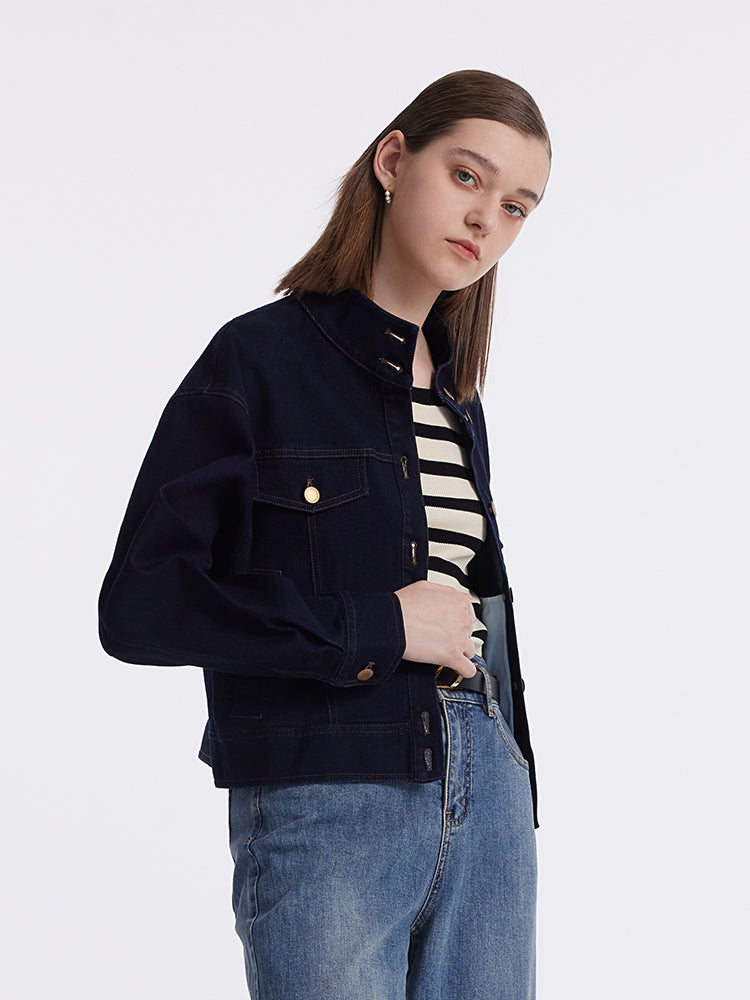 Dik Yaka Denim Kadın Crop Ceket