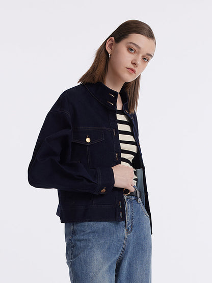 Dik Yaka Denim Kadın Crop Ceket