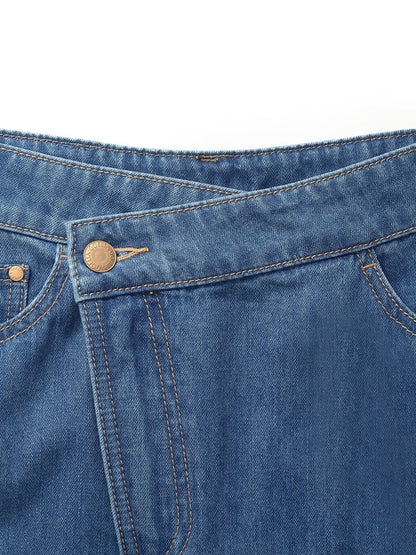 Denim Asimetrik Yırtmaçlı Kadın Etek