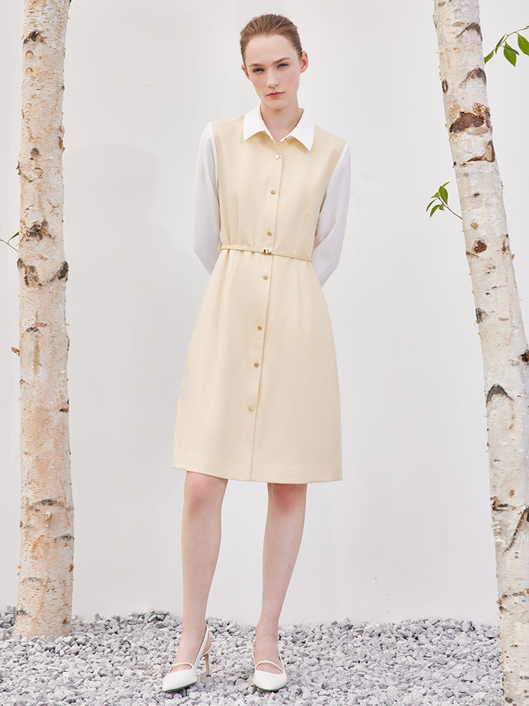 Krem Sarı Çift Katlı Patchwork Midi Elbise